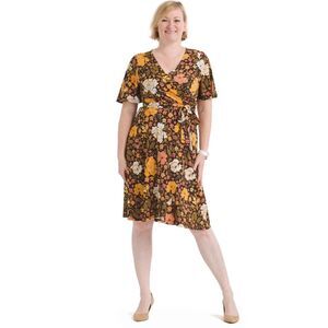 Donna Morgan Floral Wrap Dress Plus Size 18W Brown Orange Yellow Knee Length NEW